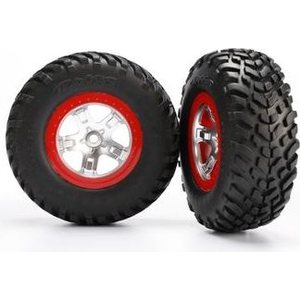 Traxxas 5873R Tires & Wheels SCT S1/SCT Satin Chrome-Red 4WD/2WD Rear (2)