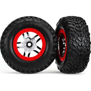 Traxxas 6891 Tires & Wheels SCT/S-Spoke Chrome-Red 4WD/2WD Rear TSM (2)