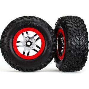 Traxxas 6891R Tires & Wheels SCT S1/S-Spoke Chr.-Red 4WD/2WD Rear TSM (2)