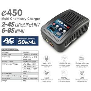 SkyRc e450 Charger LiPo/LiFe/LiHV 2-4S, NiMH 6-8S, 50W 240VAC
