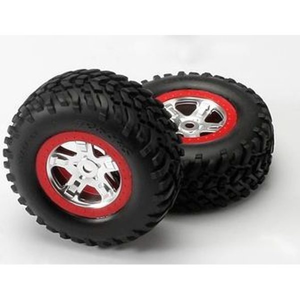 Traxxas 5973A Tires & Wheels SCT/SCT Satin Chrome-Red (14mm) (2)