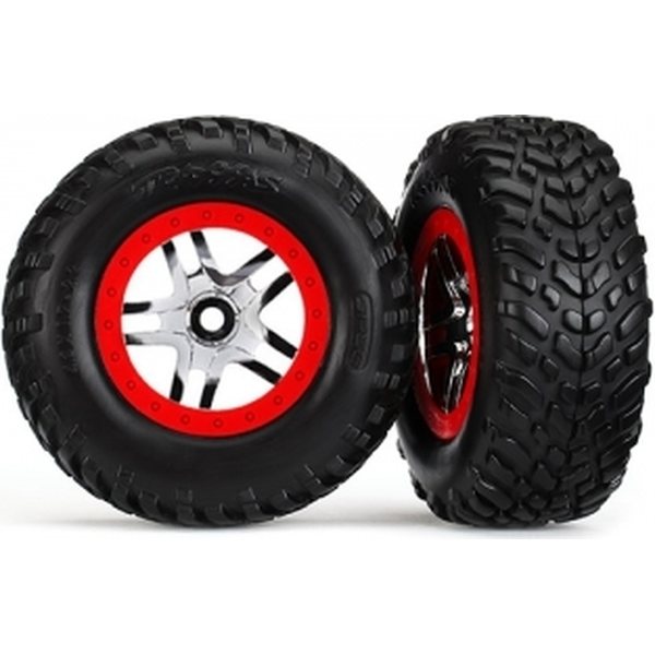Traxxas 6891 Tires & Wheels SCT/S-Spoke Chrome-Red 4WD/2WD Rear TSM (2)