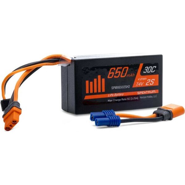 Spektrum 7.4V 650mAh 2S 50C LiPo Battery: IC2 SPMX6502SH2