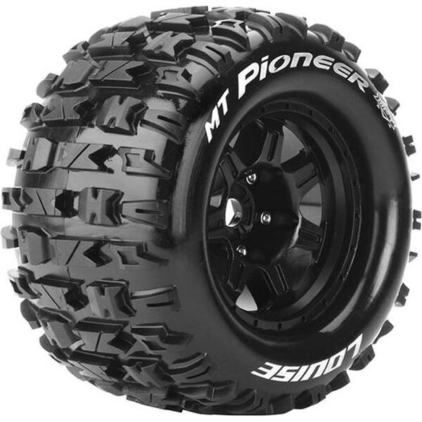 Louise RC - MFT - MT-PIONEER - 1-8 Monster Truck Tire Set - Mounted - Sport - Black 3.8 Bead Style Wheels - 0/1/2-Offset - Removable Hex 17mm